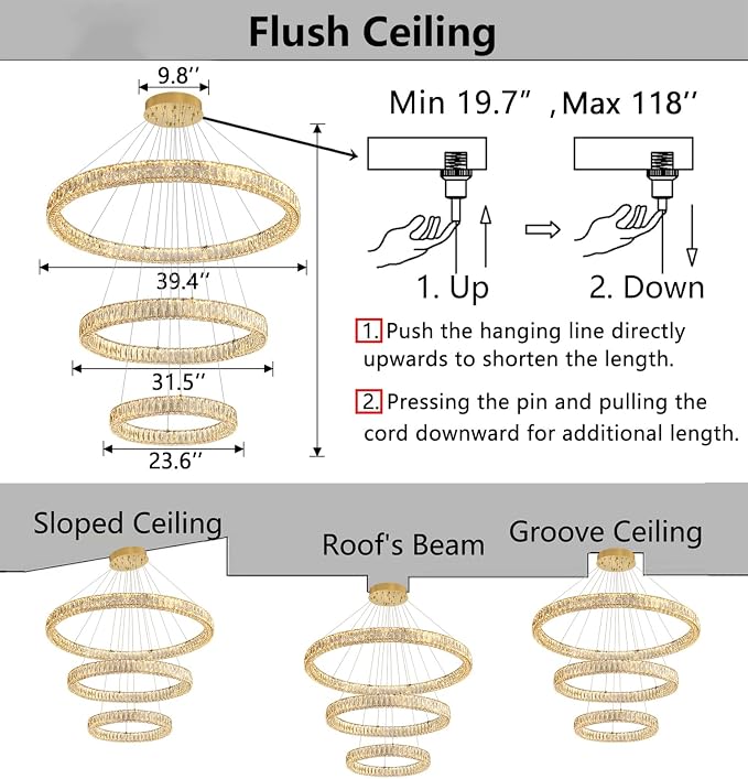 HAIXIANG Large Glam Chandelier Crystal LED 3 Rings Chandeliers Adjustable