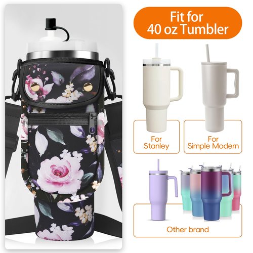 AceTreker 30 40 oz Water Bottle Sling Holder for Stanley Tumbler with Handle, Neoprene Vacuum Coffee Mug Carrier Pouch with Paracord Handle, 2 Pockets, Straw Cover for Car Gym Walking-Black Rose