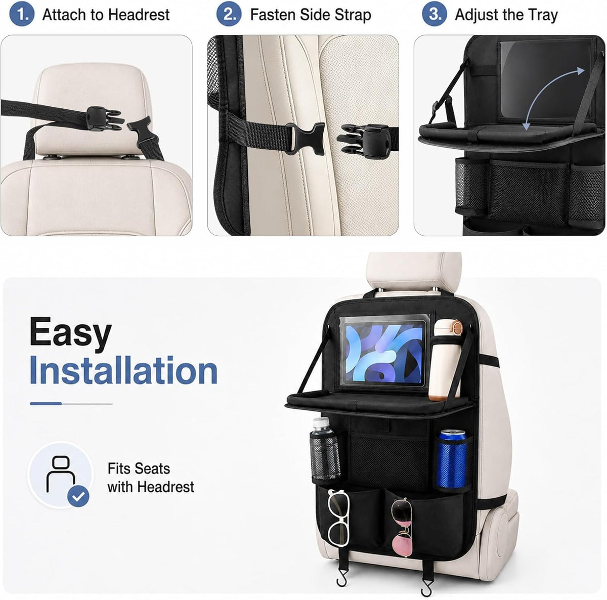 Car Backseat Organizer with Foldable Tray Table (2 Pack), Back Seat Organizer for Kids, Multi-Pocket Kick Mat Protector for Kids Travel Road Trip