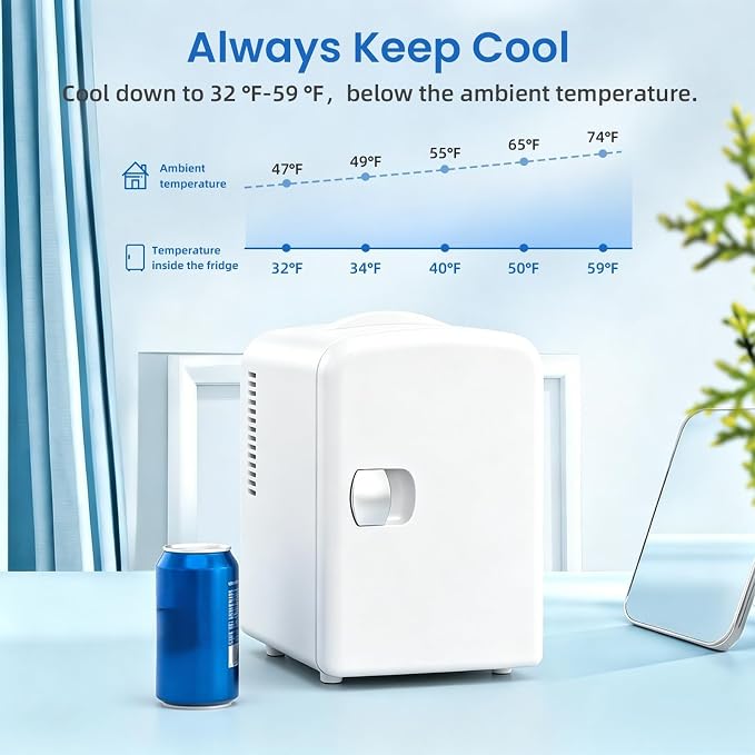 Antarctic Star Compact Refrigerator, Portable Mini Fridge, Skin Care 4L Capacity/6 Cans, for Bedroom, Car, Office & Dorm, Small Cooler for Cosmetics, Beverage and Food, White