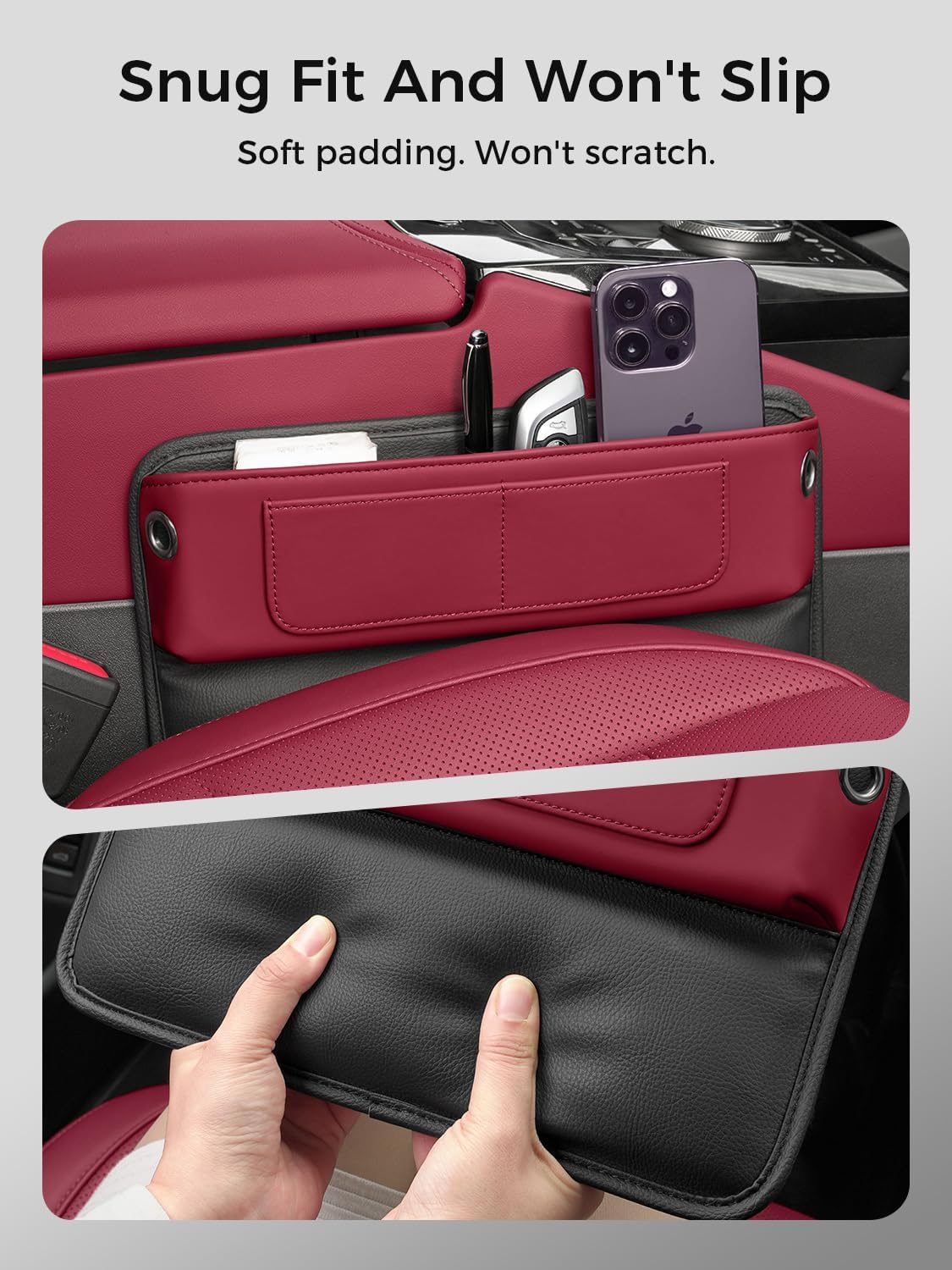 Car Seat Gap Filler Organizer – Phone Holder, Key/Card/Coin Slot, Premium Nappa Style Microfiber Leather, Prevents Drops. Universal Fit for Sedans, SUVs, Trucks (Burgundy)