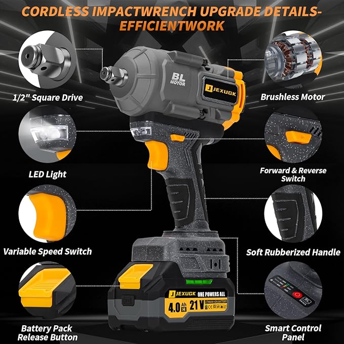 JEXUGK 1500Nm Impact Wrench, 1/2" 1107ft-lbs Cordless Impact Gun with 2 x 4.0Ah Battery, 21V High Torque Power Impact Driver with 6 Sockets,Pistola Llave De Impacto for Truck RV Car Heavy Construction