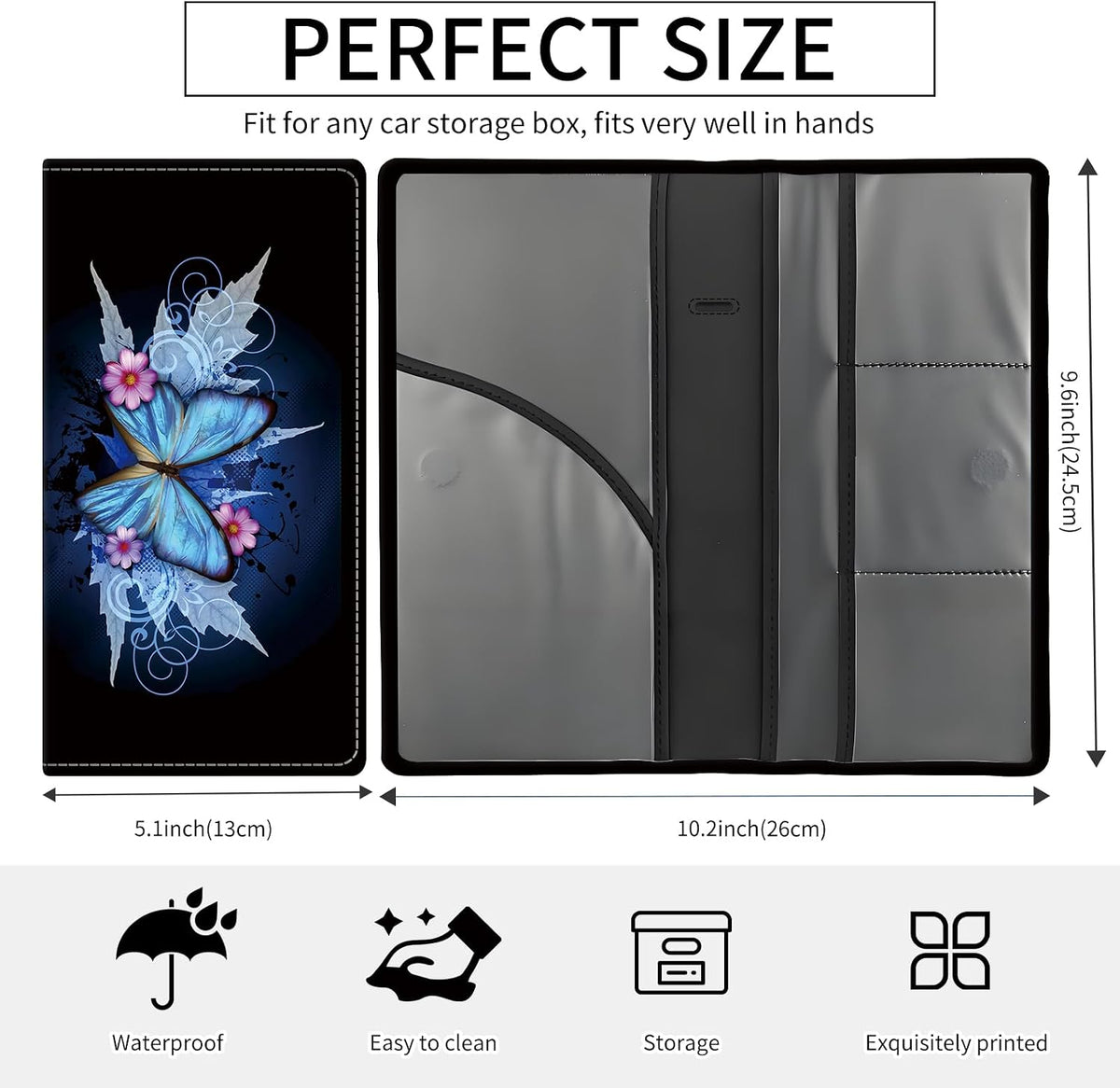 Premium Car Registration and Insurance Card Holder, Cute PU Leather Car Document Holder, Vehicle Glove Box Car Organizer with Magnetic Closure for Driver License, Cards Retro Blue Butterfly
