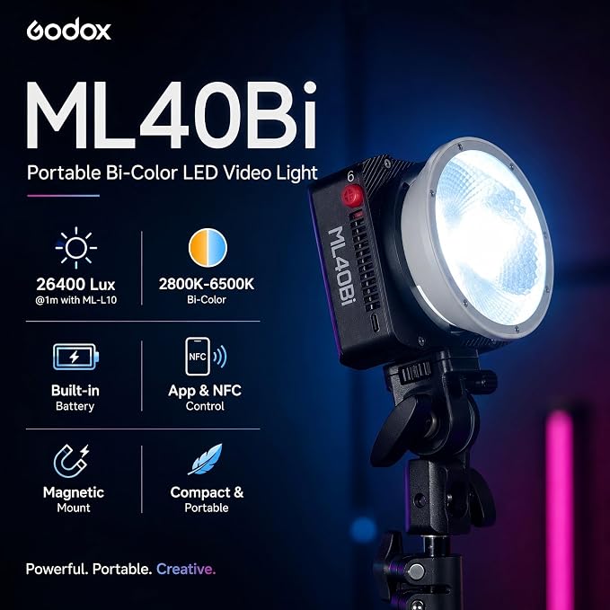 Godox ML40Bi Bi-Color LED Video Light, Portable COB Photography Light