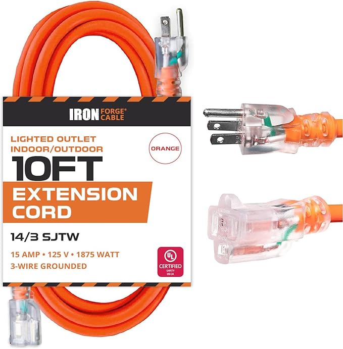Iron Forge Cable Weatherproof 10 Ft Outdoor Extension Cord - 14/3 SJTW 15 Amp Heavy Duty Orange Extension Cord 3 Prong - Lighted End