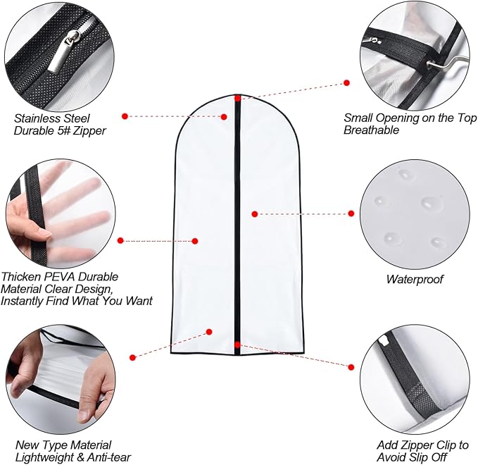 Garment Bags for Hanging Clothes 24'' x 40'' (Set of 6) suit bags for closet storage Covers for Closet with Study Full Zipper for Jacket Storage Clothes and Travel