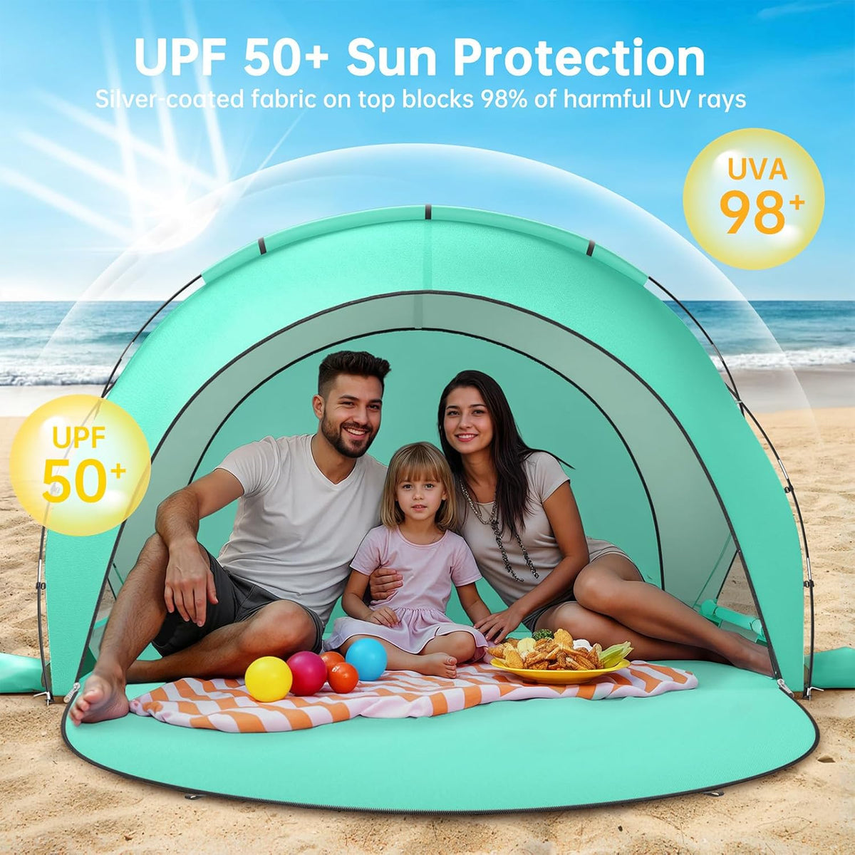 Raynesys Beach Tent - Portable Sun Shelter for 1-3 People | Green Shade with 2 Zippered Doors