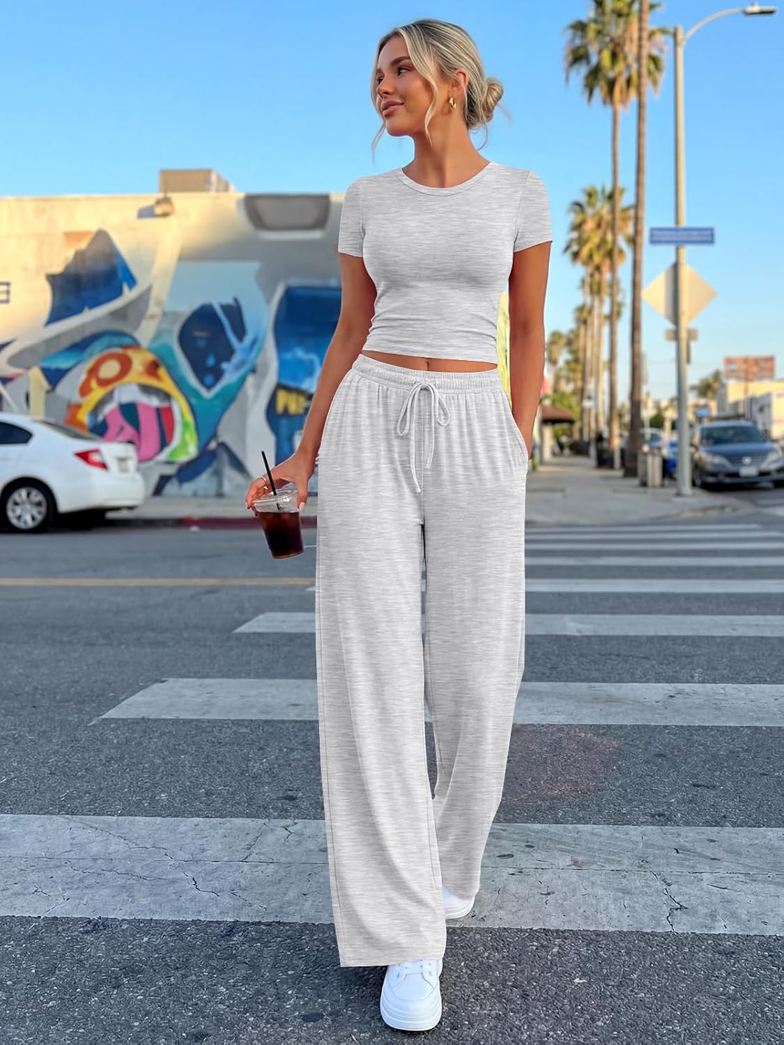 Trendy Queen 2 Piece Summer Sweatsuit Set - Women's Ruching Top & Wide Leg Pants with Pockets