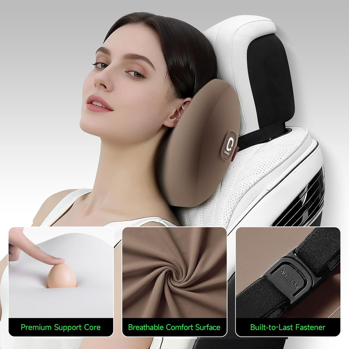 BEBAS Memory Foam Car Headrest Pillow - Breathable Neck Support Pillow for Driving, Universal Fit Cars/SUVs/Tesla/Toyota & Office Chair, Removable Cover (Brown, 4-Season)