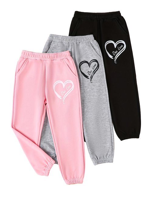 Fdqin Girls' 3 Pcs Letter Graphic Print Sweatpants Kids Athletic Joggers Pants with Pockets Black Gray Pink 7-8Years