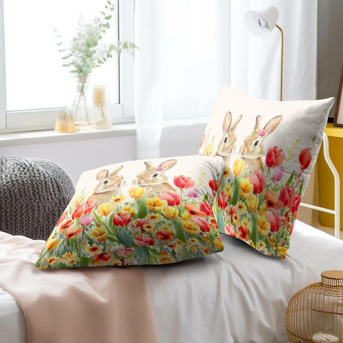 Giwawa Easter Bunny Throw Pillow Covers 16x16 Inch Set of 2 Spring Floral Decorative Pillow Cases Cotton Holiday Cushion Cover for Home Sofa Couch