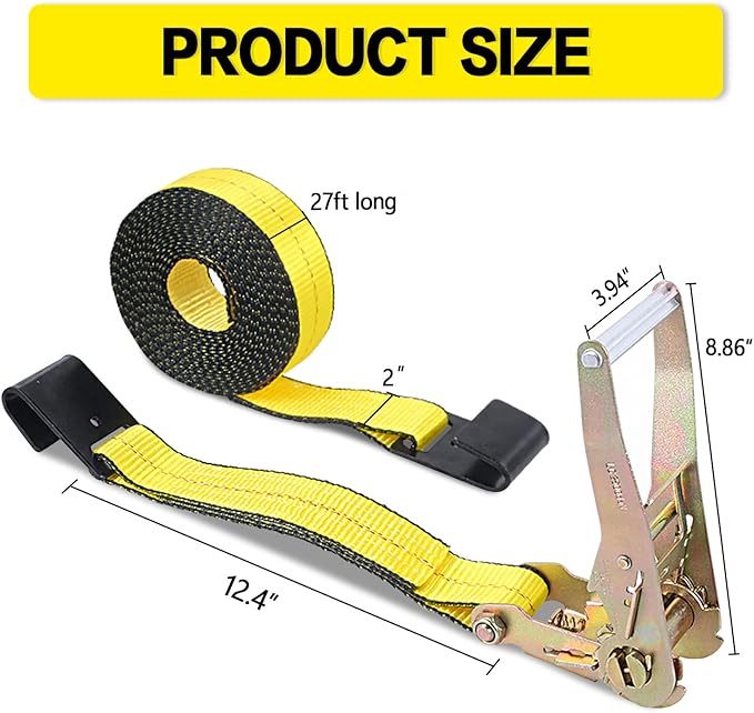 Flat Hook Ratchet Straps-Tie Down Straps Heavy Duty-2 Inch x 27 Feet-Weather Resistant Strap -3,333 Pound Working Load Limit-for Flatbed, Truck, Trailers Pickup(4 Pack) Yellow