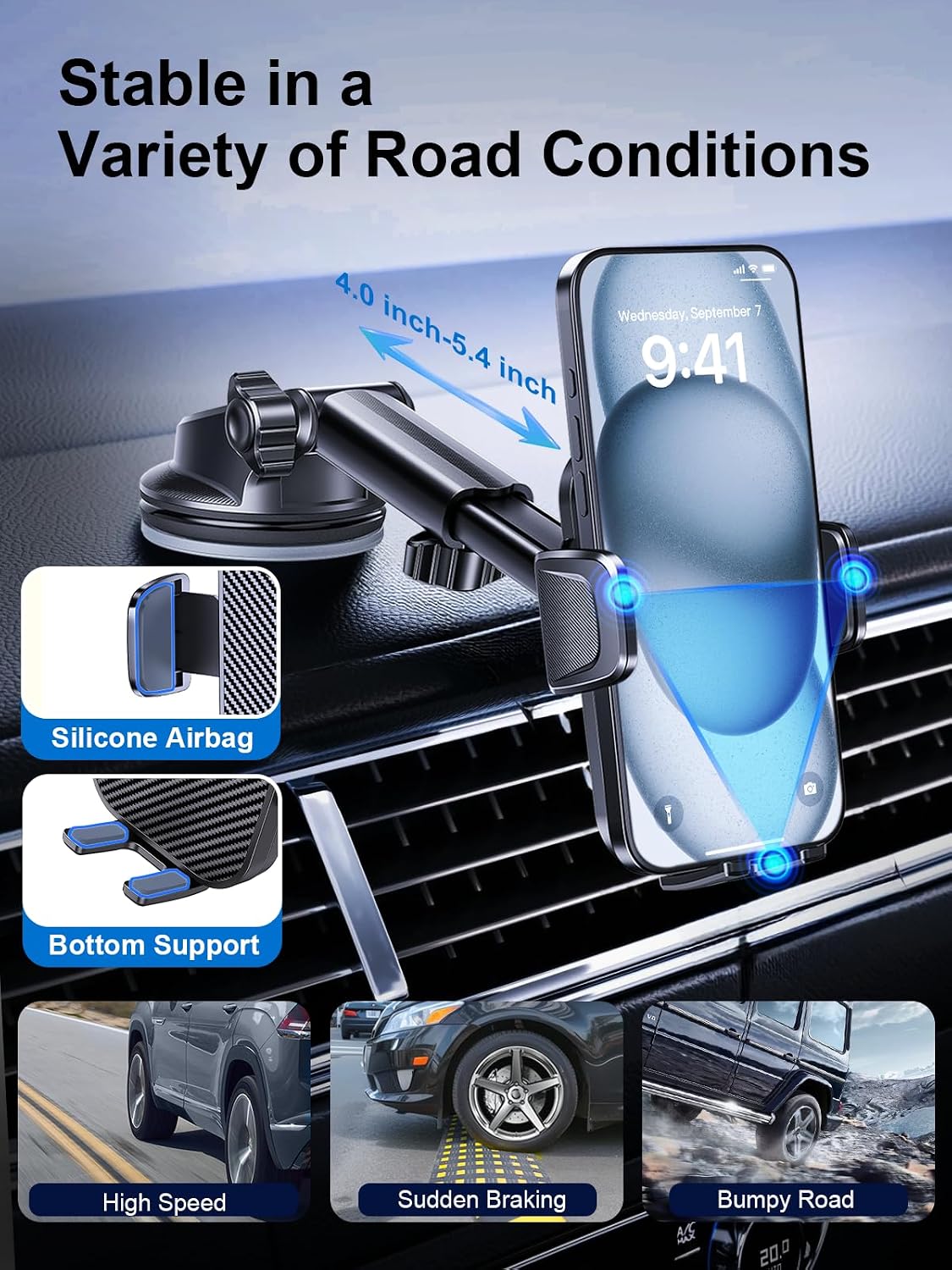 Rorhxia 3-in-1 Phone Mount for Car [2026 Most Stable and Flexible Suction Cup] Vent Dashboard Windshield Cell Phone Holder Car Fit for iPhone, Samsung, All Phone