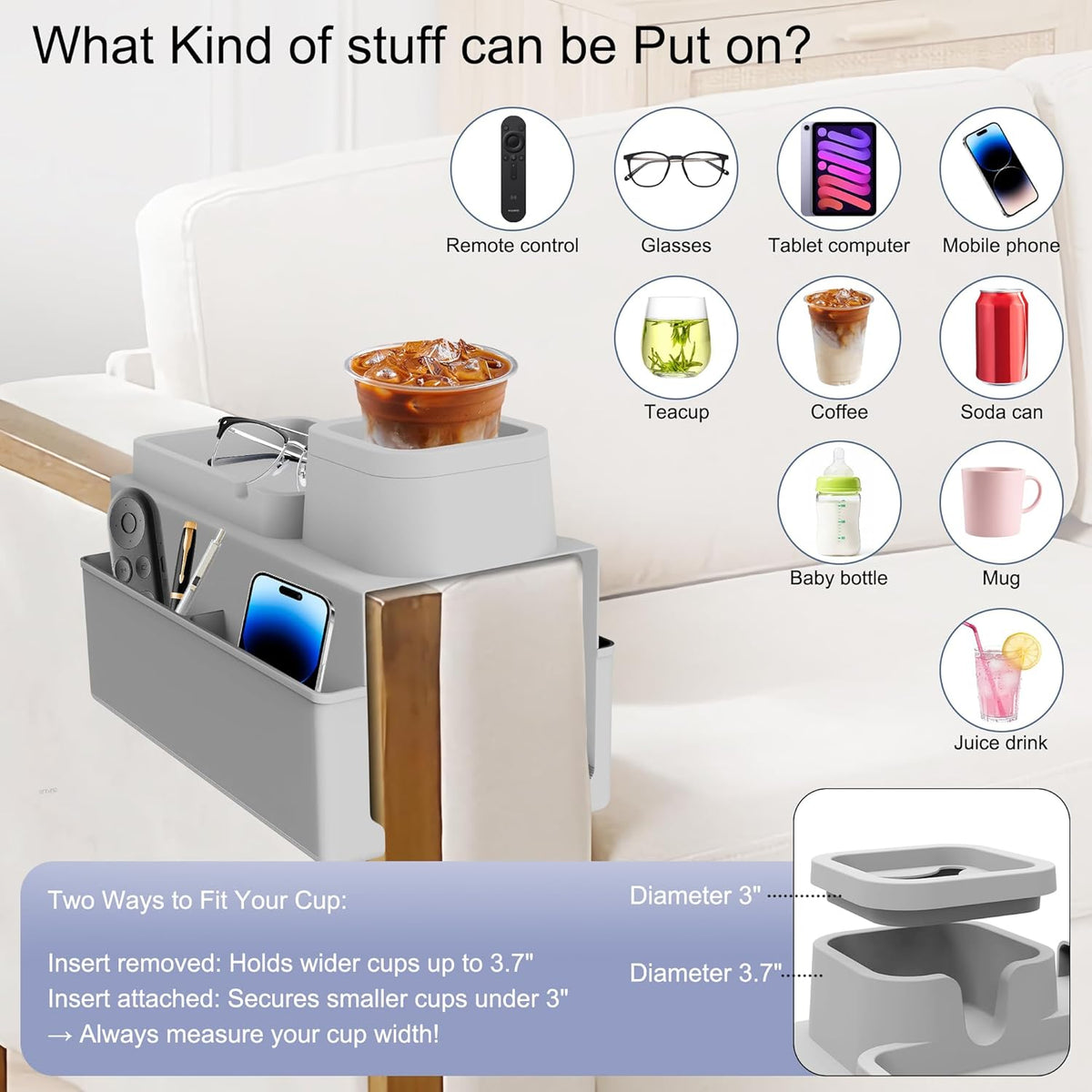 KindGa Couch Cup Holder Tray - Silicone Sofa Armrest Organizer Slate Gray