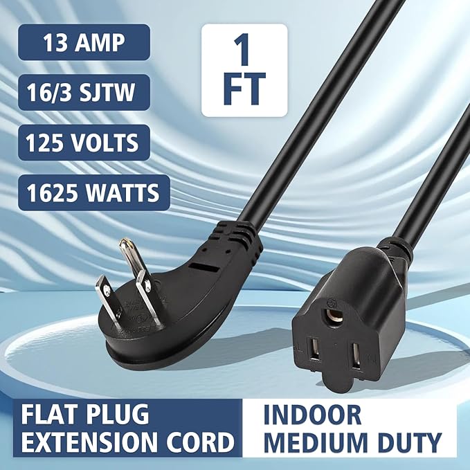 1875W Short Extension Cord,15A 16AWG Low Profile Flat Plug Heavy Duty Extension Cord Outlet Saver 3-Prong Grounded Power (Black 3 Feet)