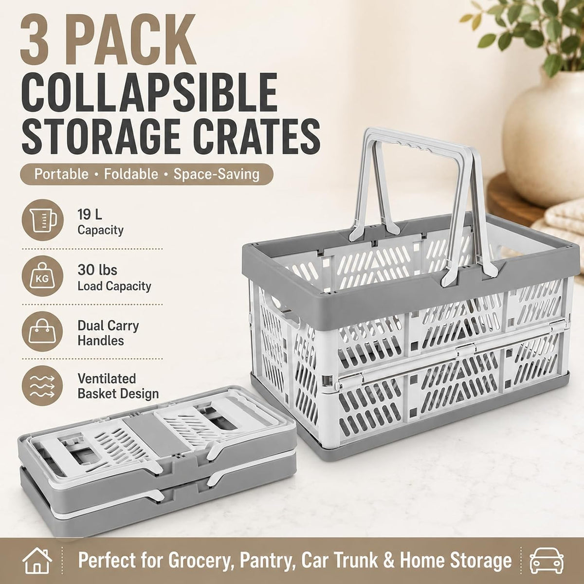 CYEAH 3 Pack Collapsible Shopping Baskets, 20L Foldable Plastic Storage Crates with Handles, Reusable Grocery Baskets for Car Trunk, Pantry, Garage, Kitchen, Picnic and Organizing, Holds 20 lbs Each