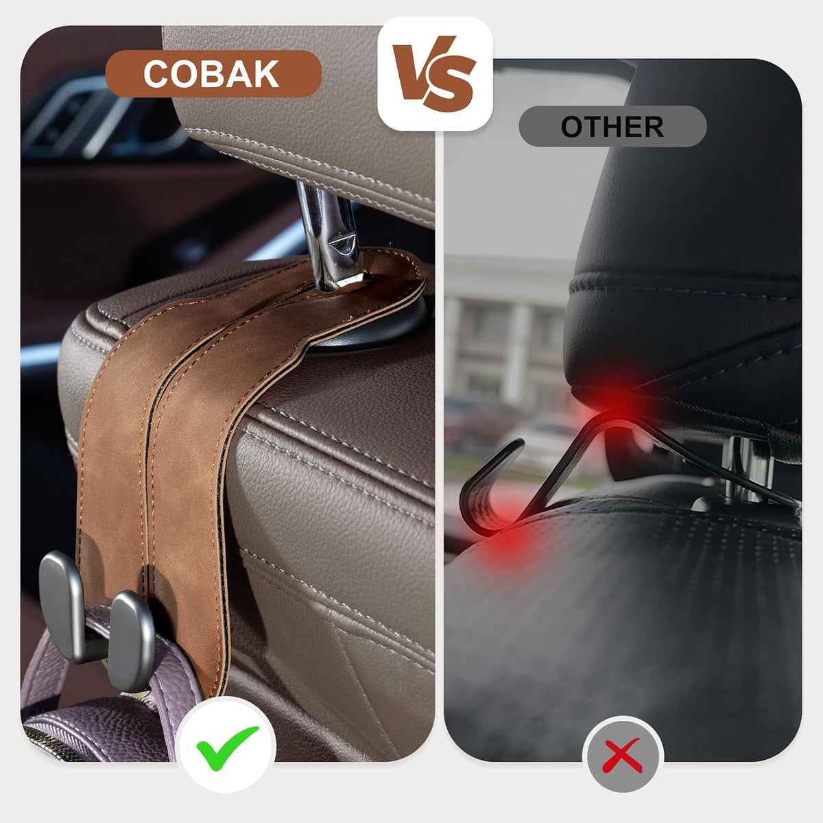 CoBak Purse Hook for Car - Universal Premium Stitched Leather and Aluminum-Magnesium Alloy Double Car Seat Back Storage Hook for Purses, Handbags, Bags (4 Pack),Brown
