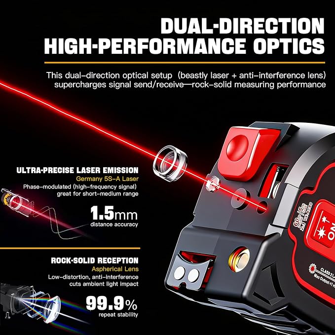 3-in-1 Laser Tape Measure - 196ft Max Laser Distance Meter & 16ft AutoLock