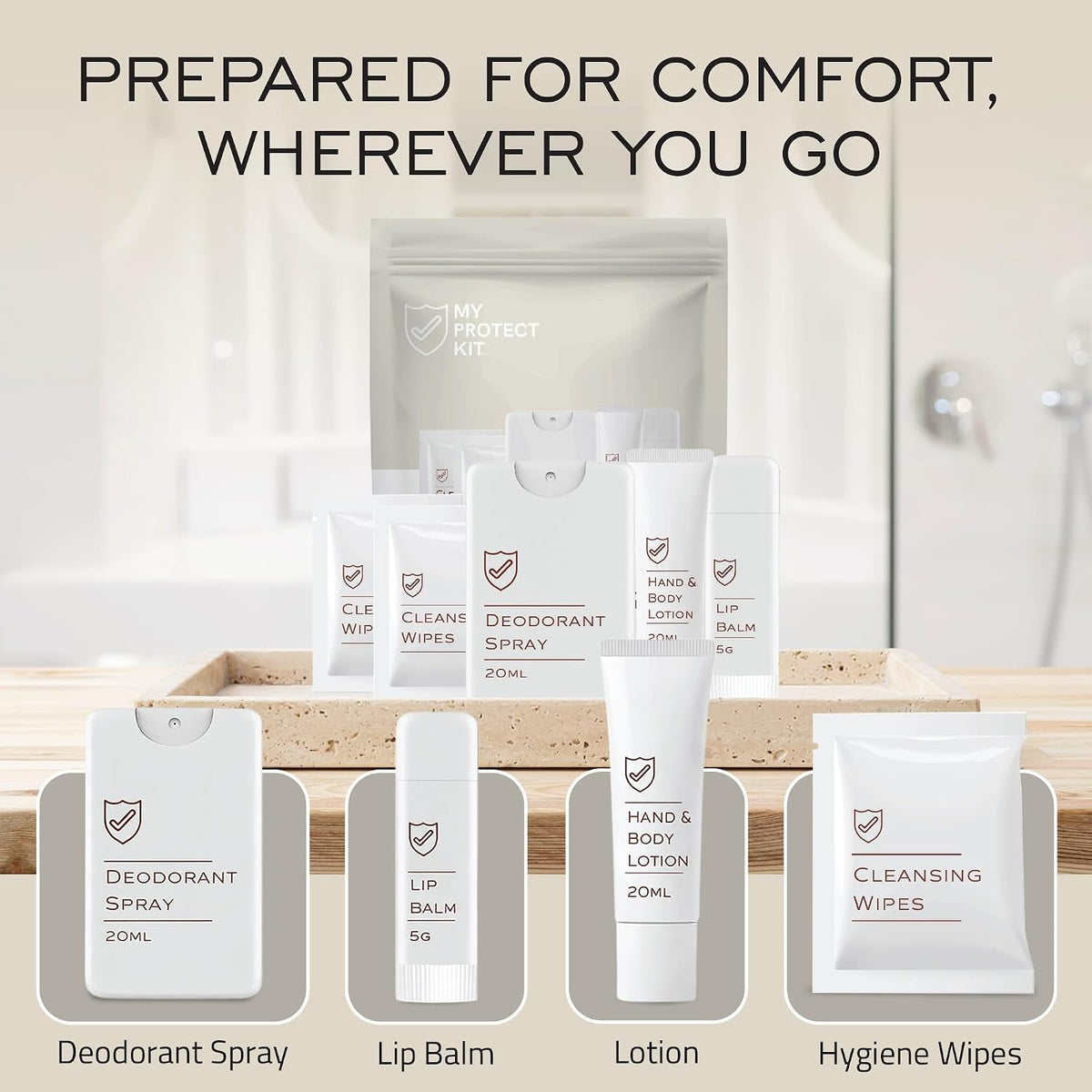 MY PROTECT KIT Everyday Essentials Travel Kit – 8 Pieces Hygiene & Toiletry Set with Deodorant Spray, Lotion, Lip Balm & Cleansing Wipes, Self Care Kit for Purse, Gym, Hotels & Airbnb, Pack of 1