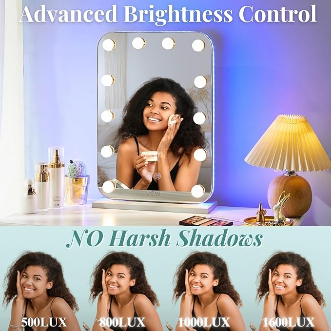 LUXFURNI Vanity Mirror with Lights, Lighted Makeup Mirror with 14 Dimmable Bulbs, Tabletop RGB Color Changing LED Mirror, 3 Color Mode, Touch Control, 20.3" L x 14" W