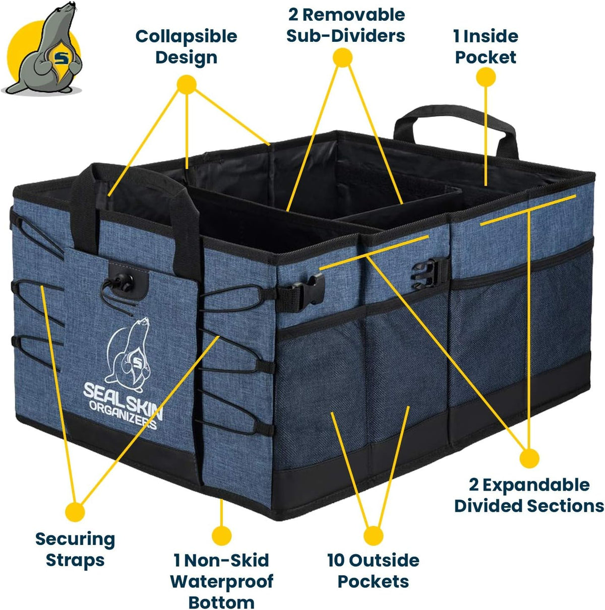 Seal Skin Covers Trunk Organizer for SUV, Car & Truck - Premium Heavy Duty & Collapsible with 3 Adjustable Size - Lightweight & Portable Storage Organizer - Easy to Use & Install in Any Vehicle - Blue