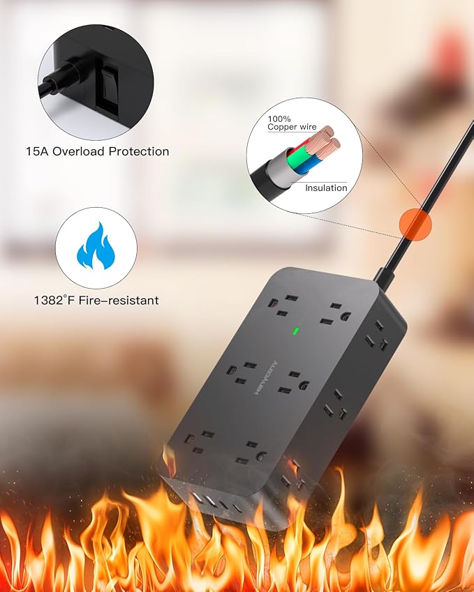 Black Extension Cord 15 Ft, HANYCONY Power Strip with 1080J Surge Protection, 12 Outlets with 4 USB Ports(2 USB C), Wall Mount, Desk Charging Station for Office Home College Dorm Room Essentials
