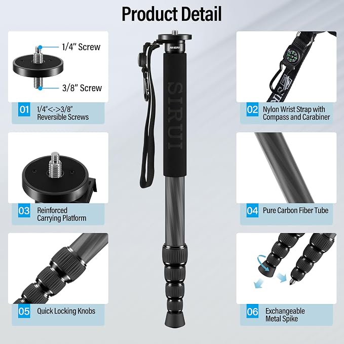 SIRUI Carbon Fiber Monopod for cameras, 6 Sections, Load up 15kg, included
