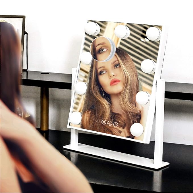 Lighted Makeup Mirror Hollywood Mirror Vanity Mirror with Lights, Touch Control Design 3 Colors Dimable LED Bulbs, Detachable 10X Magnification, 360°Rotation, (White) 12" L x 14" W