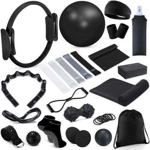 24 Pcs Home Pilates Essentials Kit for Women, Pilates Equipment Ring and Ball Set with Stretching Strap, Water Bottle, Magic Circle, Yoga Ring, Gym Bag, Resistance Band, Anti Slip Socks(Black)
