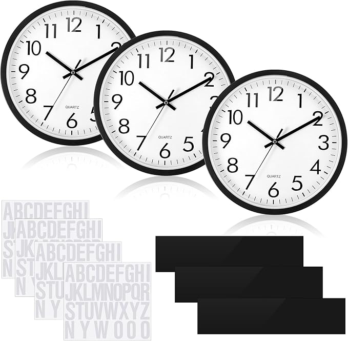 Sasylvia 3 Pcs 10 Inch Wall Clock Battery Operated Round Clock