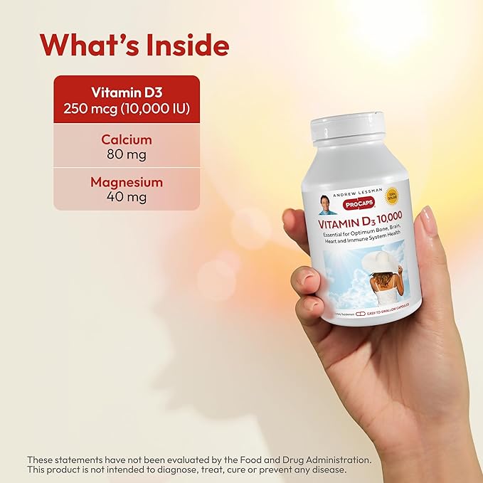 ANDREW LESSMAN Vitamin D3 10,000 IU 360 Capsules - High Potency, Essential for Calcium Absorption, Supports Bone Health, Healthy Muscle Function, Immune System, More. Small Easy to Swallow Capsules