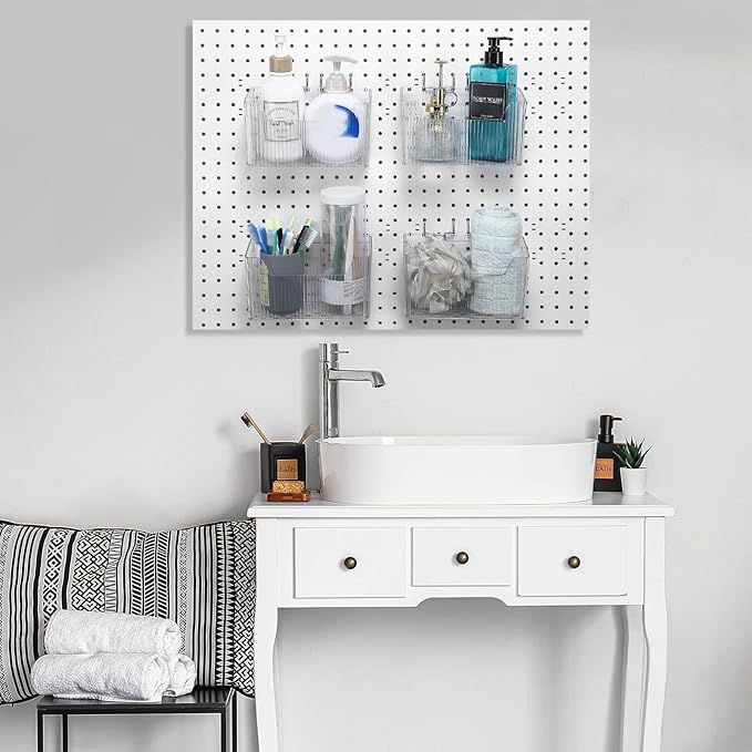 Suzile 4 Pcs Pegboard Bins Plastic Bins Set 7.9 x 3.3 x 4.7'' Pegboard Containers with Metal Hooks Organizing Assortment Accessories for Organizing Storage Tools Storage Workbench Garage (Clear)