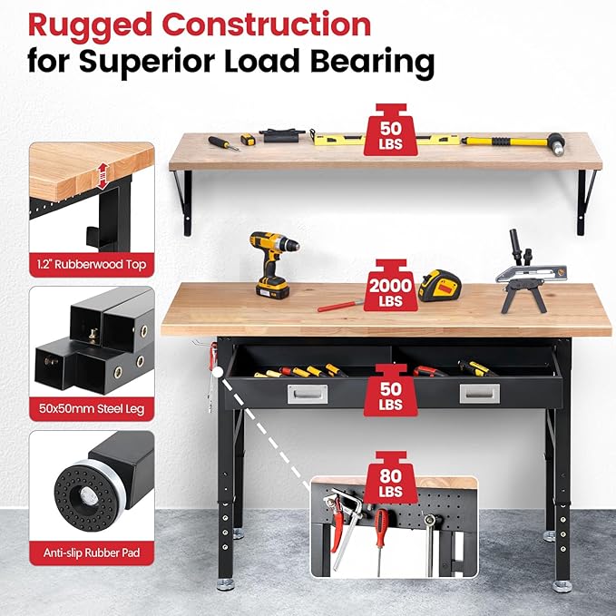 ENJOYWOOD 60" x 22" Heavy Duty Workbench Adjustable Height Garage Work Table with Solid Rubberwood Top, Drawer & Power Outlets for Workshop, Home & Office
