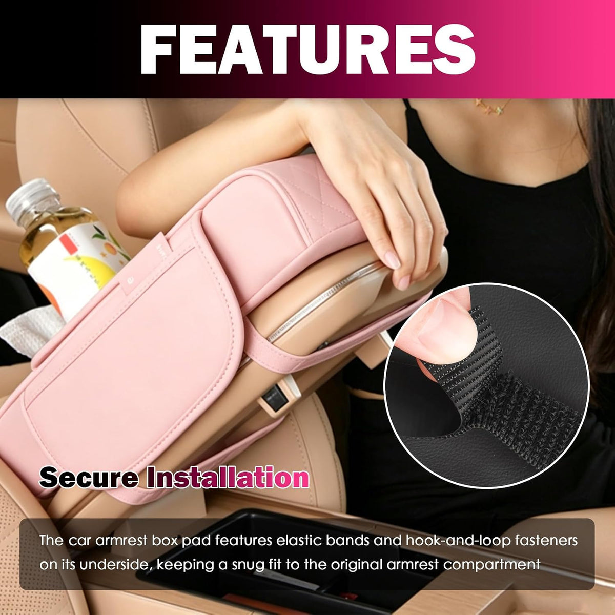 5 in1 Car Armrest Storage Box,Multifunctional Leather Car Armrest Box Pad for Elbow Support,Comfortable Center Console Cover with Cup Holder & Phone Holder & Side Storage Bag (Pink)