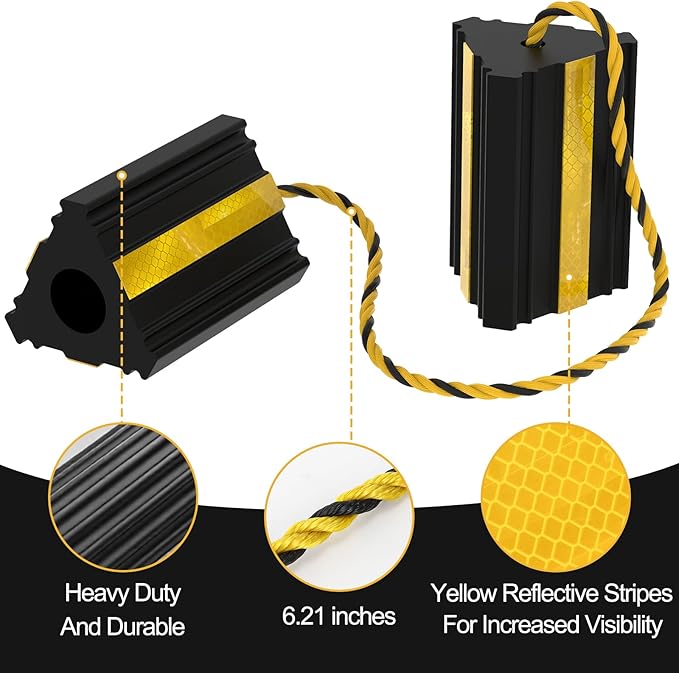 Okllen 2pair/4pack Wheel Chocks with Rope for RV Truck Trailer Camper Car, Heavy Duty Rubber Tire Chocks Blocks with 3 Reflective Strips, Anti-Roll Immobilizer Blocks
