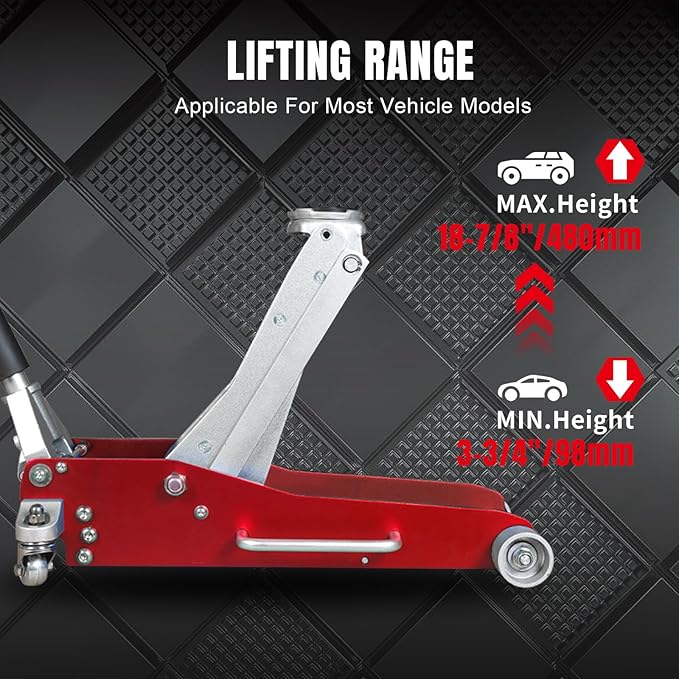 Torin 2.5 Ton Low Profile Aluminum/Steel Racing Floor Jack with Dual Piston Quick Lift Pump, 5521 lb Capacity, Lift Range 3.94"-18.31", SUV & Truck Compatible, Red