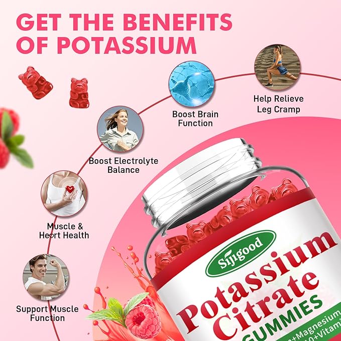 2 Pack Potassium Citrate Gummies – Potassium Supplement for Muscle Health, Leg Cramp Relief & Electrolyte Balance, Vegan, Non-GMO, Gluten-Free, Raspberry Flavor, 120 Count