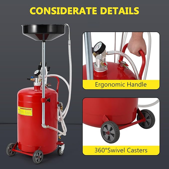 20 Gallon Waste Oil Drain Tank, Oil Drain Extractor, Pneumatic Drainer for Automotive Fluids, Portable Waste Oil Container with Air Operation (20 Gallon-Red-Large)