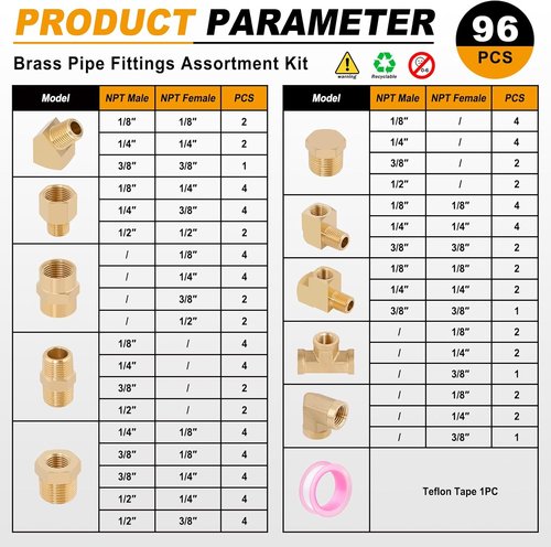 KOOTANS Brass Pipe Fittings Assortment Kit - 96PCS NPT Adapters, Reducers, Hex Nipples & More