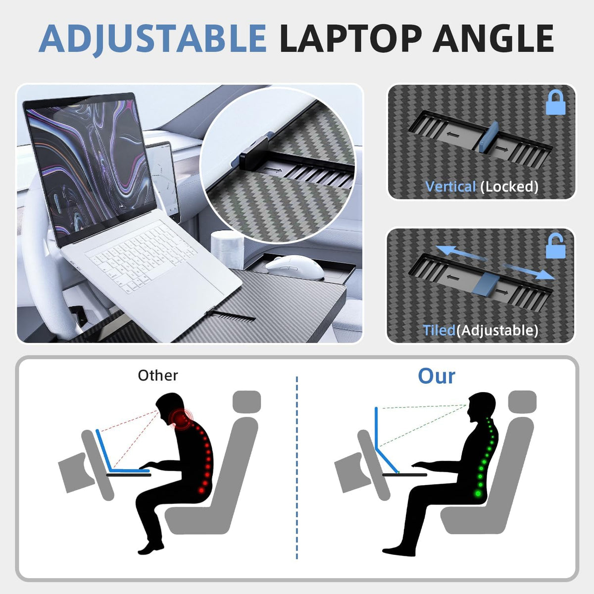 Steering Wheel Tray, Car Food Tray, Car Desk for Laptop, Carbon Fiber Look Multipurpose Car Table for Eating & Work, Adjustable Car Tray with Drawer and Anti-Slip Protective Adhesive