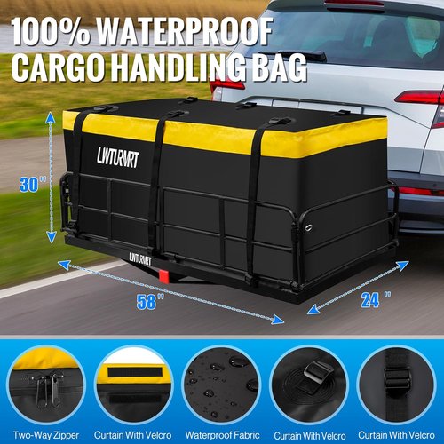 LWTURMRT Cargo Carrier Basket - 58" x 24" x 14" Folding Hitch Mount for SUVs | 500LBS Capacity, Black with Bag