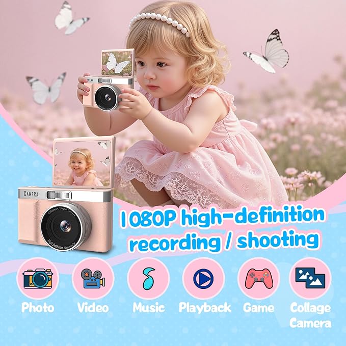 Kids Digital Camera with 180° Flip Screen, 32GB Memory Card Digital Cameras
