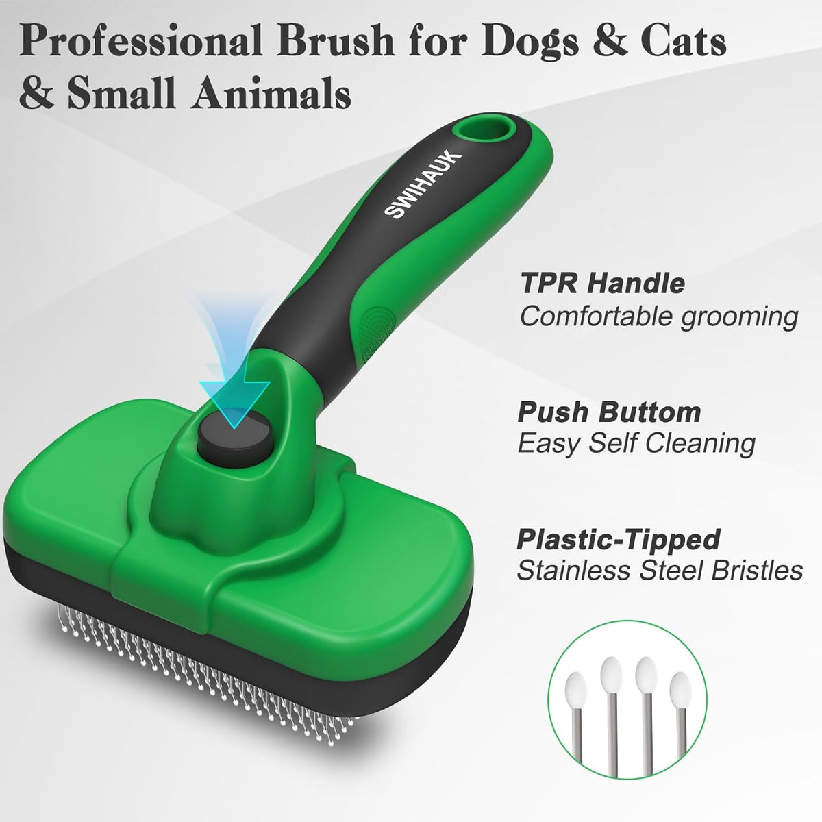 Swihauk Self-Cleaning Slicker Brush - Skin-Friendly Deshedding Tool for Dogs & Cats | Green