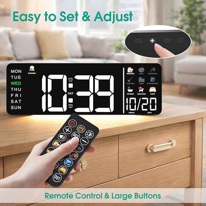 Hoifen Clock with Day and Date for Seniors, Remote Control, Night Light