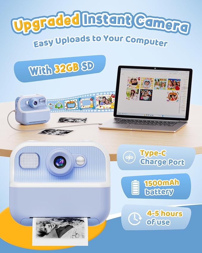 Instant Camera, Front Rear Dual Selfie Kids Camera