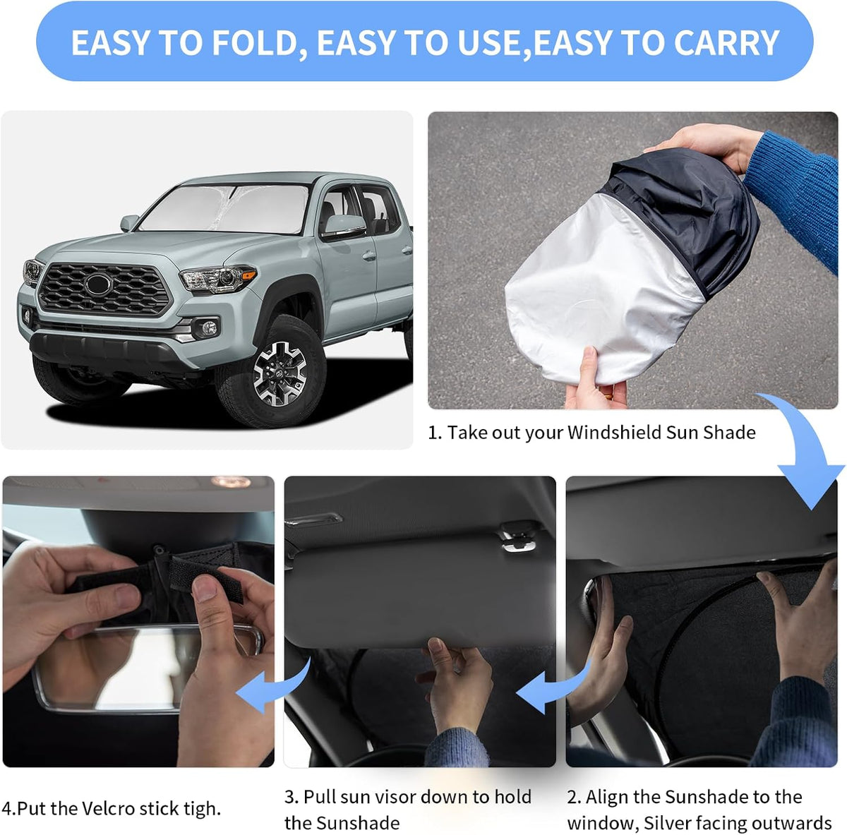 for Toyota Tacoma 2016-2023 2024 2025 2026 Sun Shade Sunshade Windshield Cover - 4 Layers Front Window Shade Custom Fit Tacoma 2Dr 4Dr Pickup Sun Visor 240T Shade Blocks UV Rays Car Accessories