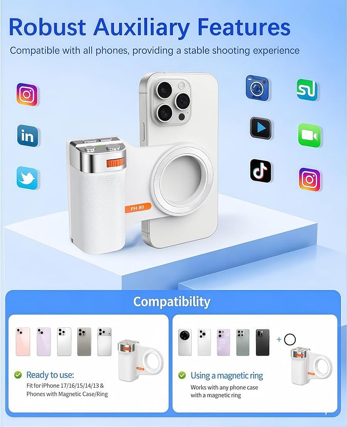 Magnetic Phone Camera Grip for iPhone & Android, Zoom Control and 1/4" Tripod