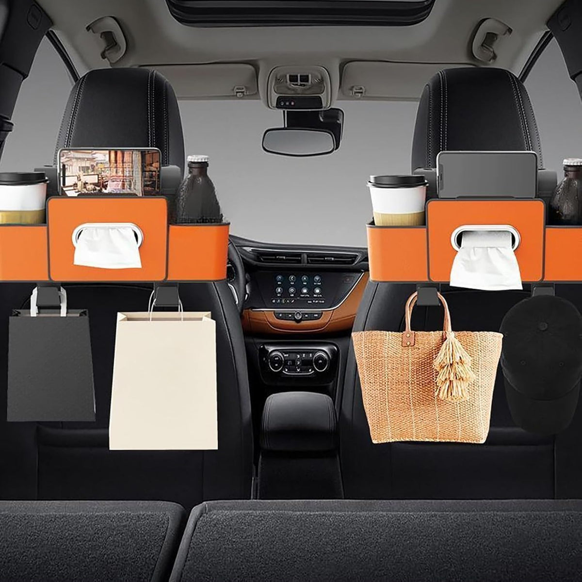 Car Backseat Organizer with Cup Holder, Tissue Box, Trash Bin & Hooks, 3-in-1 Multifunctional Back Seat Car Organizer for Hold Phones, Snacks, Drinks, and Handbags, Gifts for Car Owners (Beige)