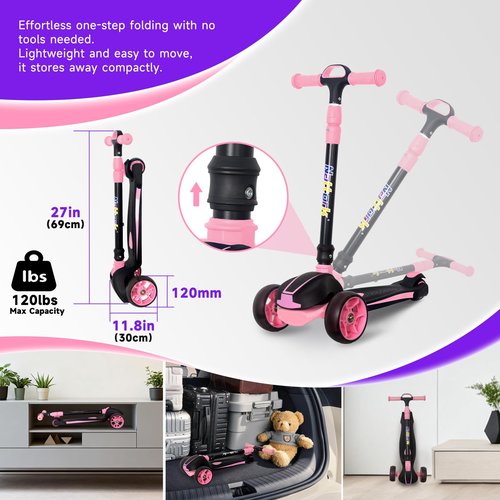 Nattork Kids Scooter for Age 3-5, Toddler Scooter with 4 Adjustable Height for Boys & Girls, Light Up 3-Wheels Foldable Kick Scoote, Lean to Steer, 120LB Weight Capacity Age 5-8 Pink