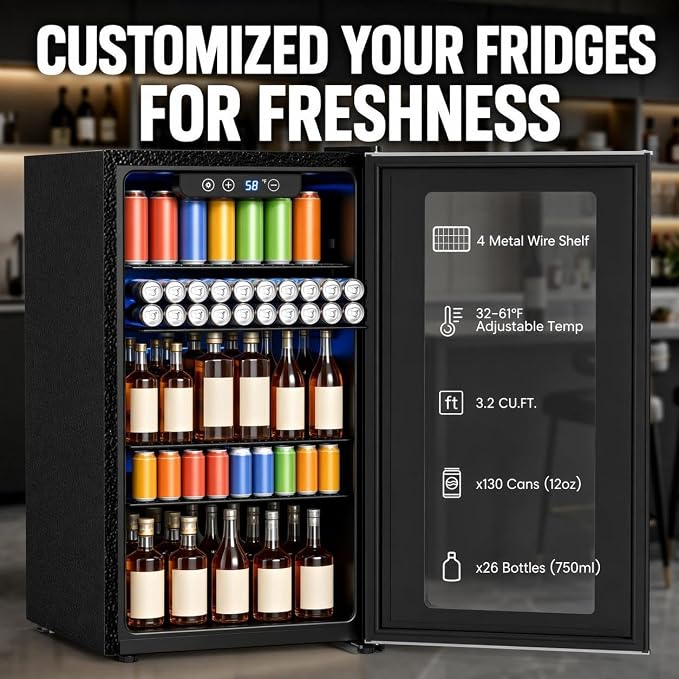 COWSAR 3.2 Cu. Ft. Beverage Refrigerator, Up to 130 Cans or 26 Bottles